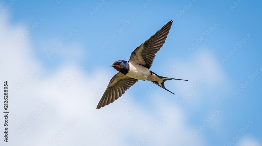 Obraz premium Bird flying in the sky, Swallow bird flying against a blue sky with fluffy clouds 