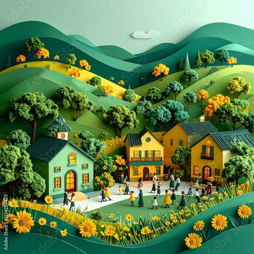 Charming paper craft village scene with rolling hills and sunflowers.