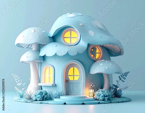 Charming Pastel Blue Fairy Mushroom House with Glowing Windows.