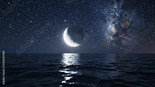 Calm Ocean Under Starry Night Sky with Moon and Milky Way Reflection