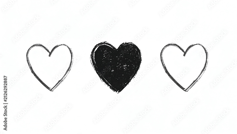 Fototapeta premium Three hearts drawn with charcoal on a white background, one solid black