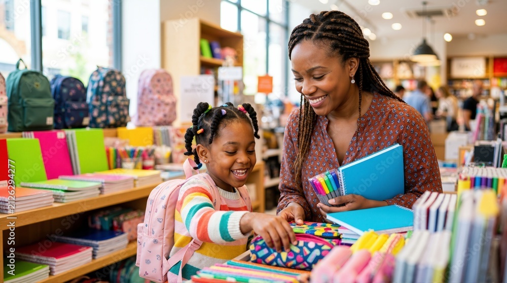 Obraz premium Smiling Black mother and daughter shopping for school supplies. Happy family choosing stationery in a store. Back to school preparation concept