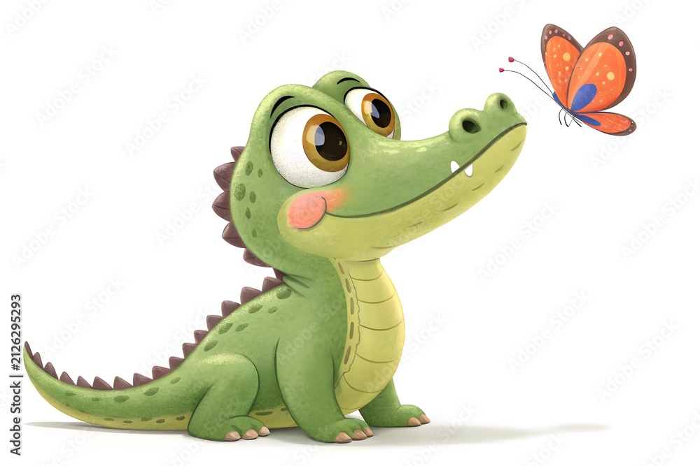 Fototapeta premium Cartoon crocodile watching a colorful butterfly flying nearby