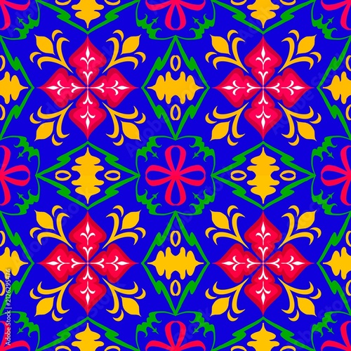 Ethnic traditional vintage flowers seamless pattern with blue background elements designed for wallpaper, decorating, fabric, wrapping, clothing, textiles, tiles, carpet, embroidery designs.