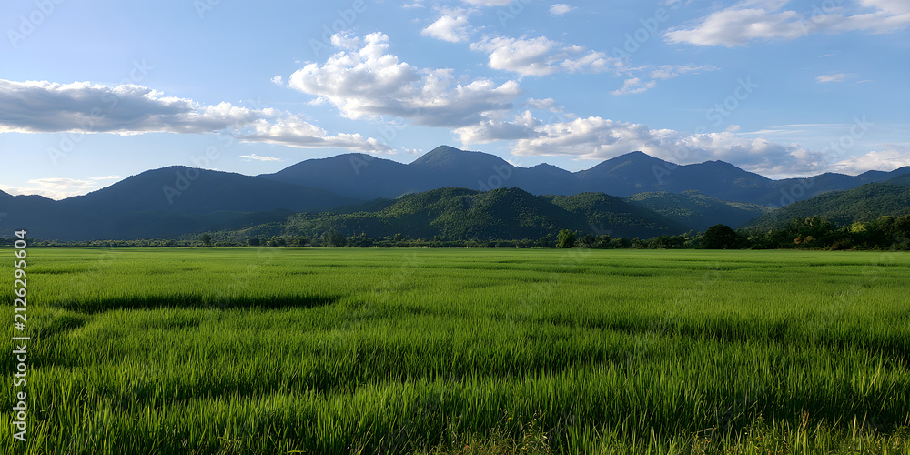 Obraz premium Green rice paddies set against the backdrop of distant mountains
