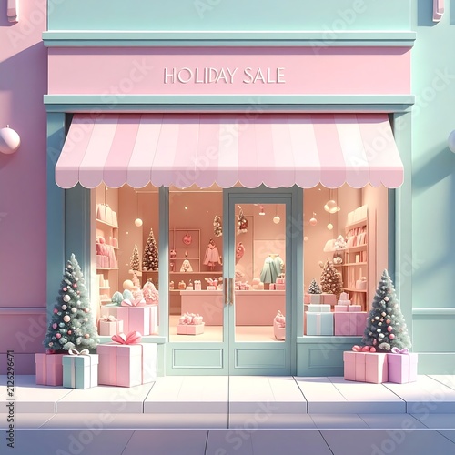Charming Pastel Christmas Shop Facade with Festive Decorations.