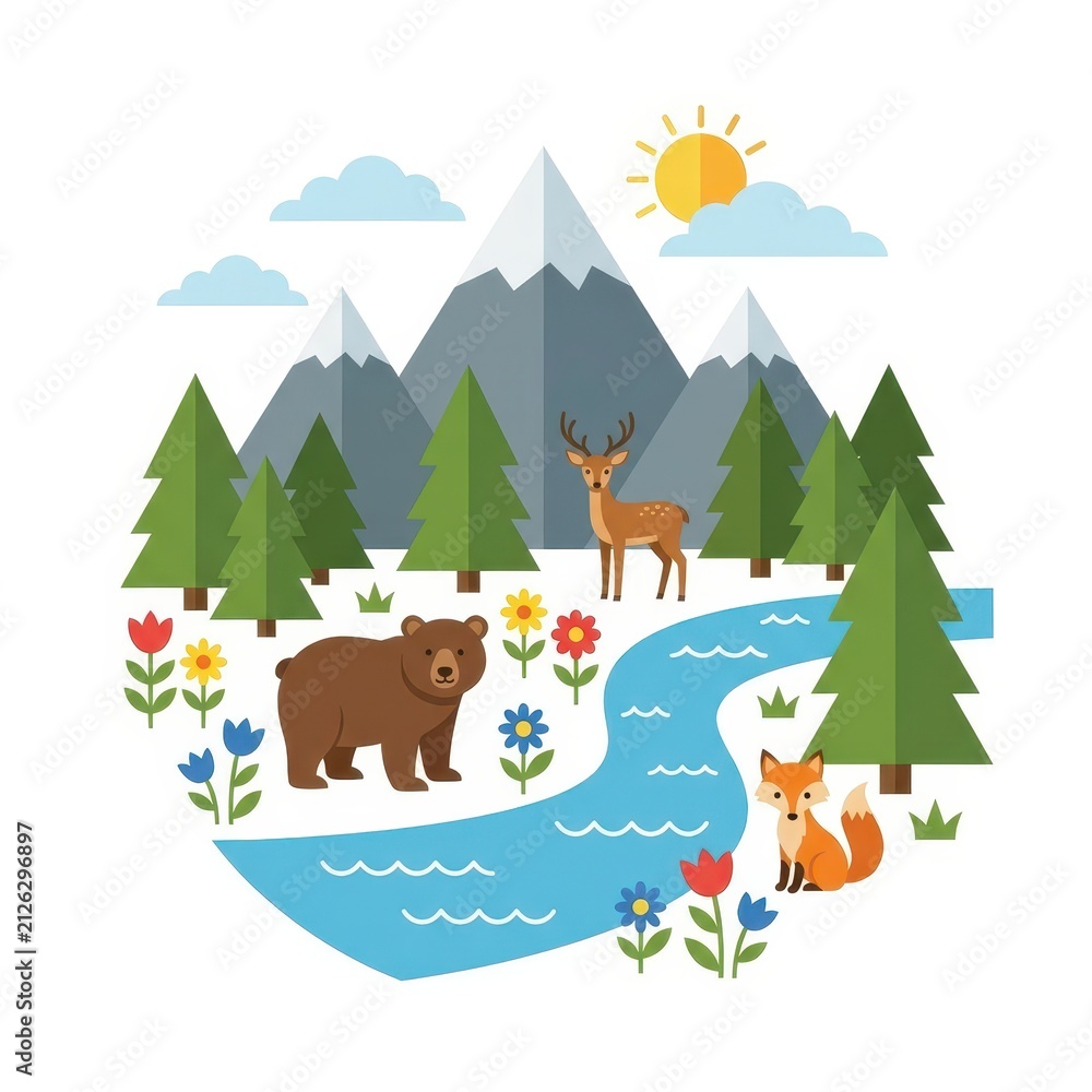 Naklejka premium Woodland animals in a stylized mountain landscape with river