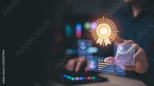 Professional hand touching a digital holographic interface showing quality assurance, customer satisfaction, and verified user profile icons