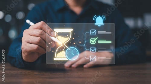 Businessman using digital pen to interact with virtual interface showing hourglass, clock, and checklist for time management