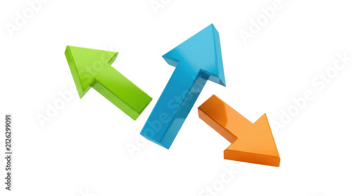 Three colorful 3D arrows pointing in different directions representing choices and direction PNG Isolated on transparent background