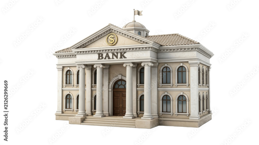 Fototapeta premium Classic Bank Building Facade with Columns and Dollar Sign Emblem PNG Isolated on transparent background