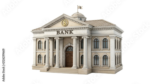 Classic Bank Building Facade with Columns and Dollar Sign Emblem PNG Isolated on transparent background