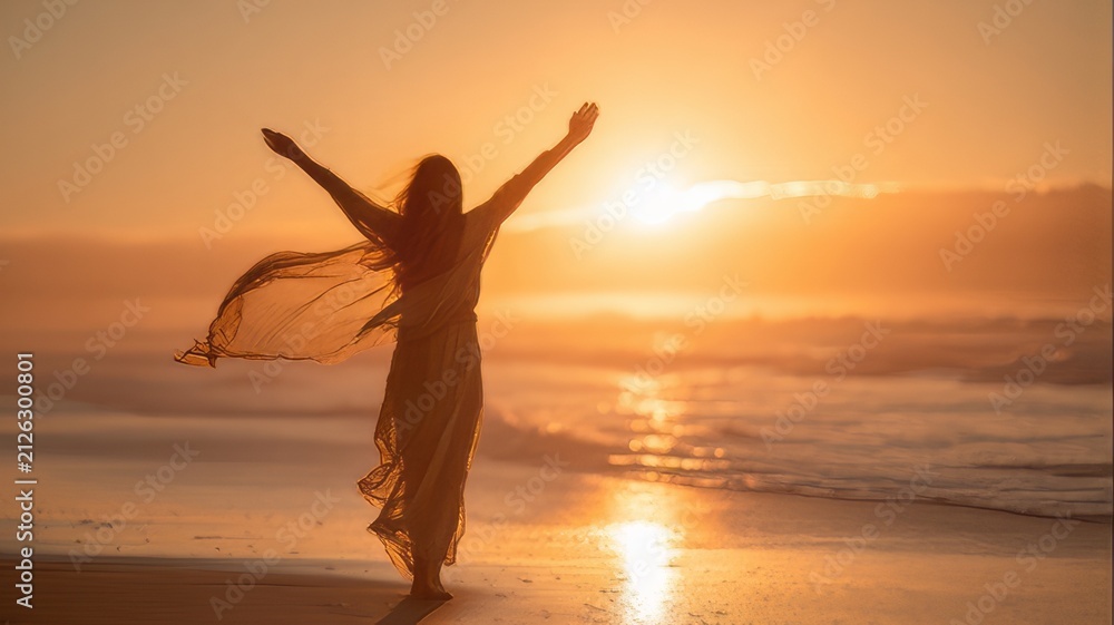 Fototapeta premium Silhouette of woman with arms raised at sunset beach, carefree female figure enjoying golden hour ocean breeze, spiritual wellness and freedom concept
