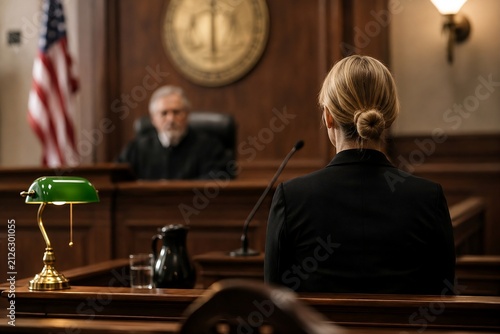 Woman in black suit facing a judge in a courtroom