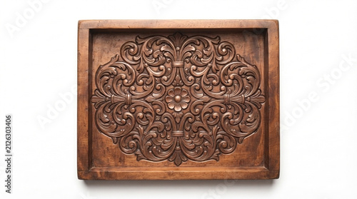 Antique carved wooden panel with ornate floral scrollwork relief, decorative wood carving, isolated on white background