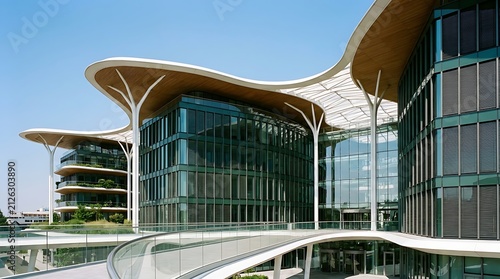 Futuristic office complex exterior featuring sustainable design elements and a curved canopy structure