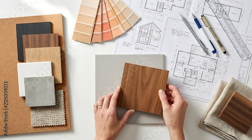 Creative interior renovation concept featuring material samples and architectural blueprints