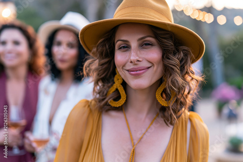 A breathtaking and highly detailed view of group of Hispanic women relaxing at a sophisticated outdoor event, garden setting, bright sunny weather, premium advertising photography.