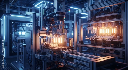 Futuristic Automated Factory Assembly Line with Robotic Machinery and Glowing Components