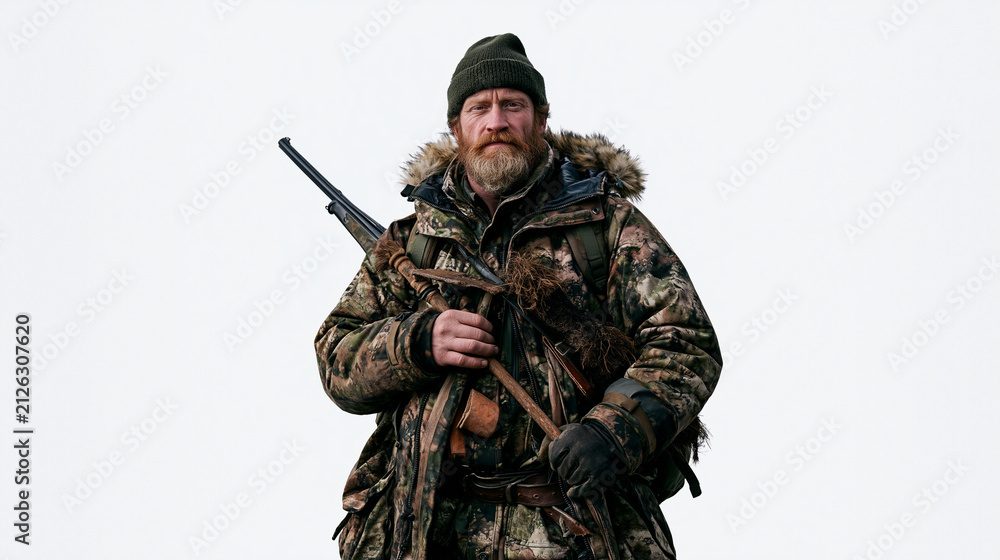 Fototapeta premium Solitary deer stalker in full camouflage against a pure sterile white background holds a traditional field archaeology brush tool, the juxtaposition of Highland stalking gear and excavation instrume