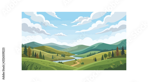 Vector illustration of a scenic valley landscape with river