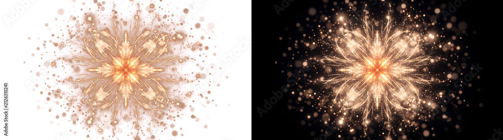 Fototapeta premium Golden Star Burst of glowing light rays and sparkling particles on black featuring PNG, Transparent and Black Background Versions