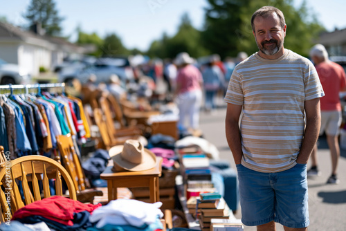 Spectacular and vivid representation of premium suburban yard sale featuring organized displays of furniture, clothing, collectibles, books and household essentials, diverse shoppers enjoying an