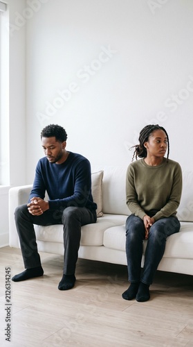 A sad young couple sits silently on the sofa after a heated argument, experiencing marital conflict and a lack of communication at home.