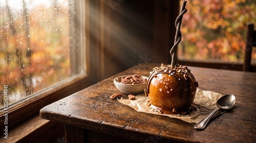 Artisanal Gourmet Caramel Apple with Pecans and Sea Salt on Rustic Table