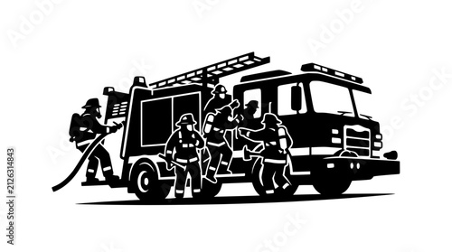 Fotografía Black and White Firefighter Team with Fire Engine Silhouette