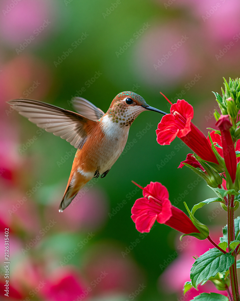 Fototapeta premium Red Blooming Flower and Colorful Hummingbird in Garden: A Closeup Wildlife Photography of Nature's Pollinator