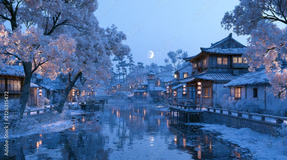 Obraz premium Snowy Moonlit Chinese Water Town with Paper Lanterns, Frosted Trees and Stone Bridge