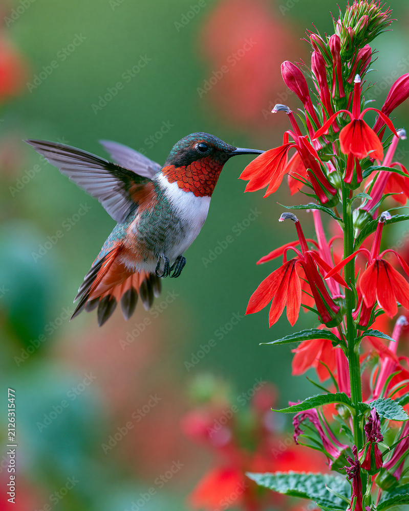 Obraz premium Macro Photography of a Hummingbird Feeding on Red Flower: Vibrant Nature & Wildlife in Summer Garden