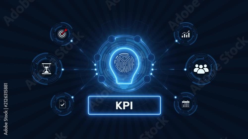 Key performance indicator kpi business analytics and goal tracking graphic loop with glowing biometric fingerprint icon on dark technology background