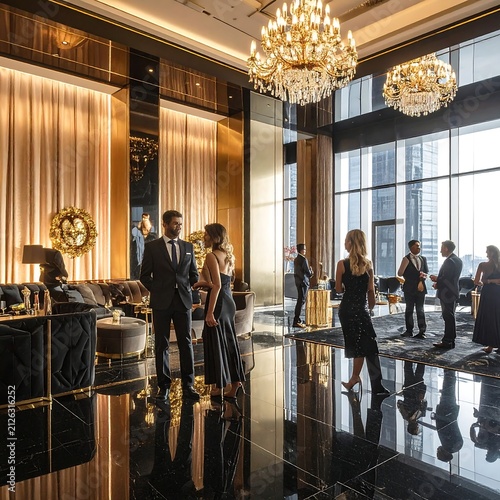 Elegant corporate networking event in a luxurious hotel lobby.