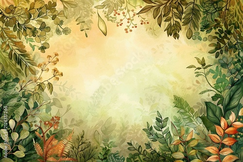 whimsical watercolor and colored pencil forest school book cover background, vertical composition, dense rainforest foliage forming a soft frame around the image, layers of leaves, branches