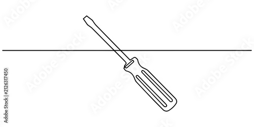 Fotografie Simple Line Drawing of a Screwdriver on White Background, Black and white line drawing of a Phillips screwdriver with a textured handle and pointed tip