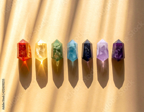 Small crystals in red, orange, yellow, green, blue, and purple tones arranged neatly on a yellow background. Ai