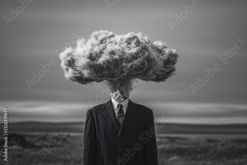 surreal photo, man with atomic cloud head, black suit beneath wide gray mushroom cloud on monochrome seashore, photorealistic.png
