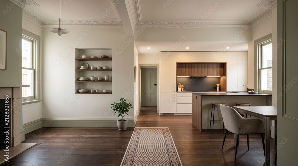 Fototapeta premium Preserved historic details with modern upgrades, restored old home kitchen and dining threshold interior