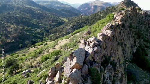 Aerial perspective of bighorn sheep sitting on top of rocky cliff