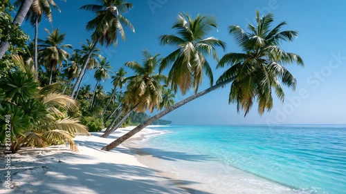 Tropical Paradise Beach: A breathtaking tropical beach scene with pristine white sand, swaying palm trees, and crystal-clear turquoise water under a vibrant blue sky, inviting relaxation and escape.
