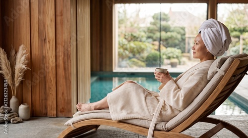 Serene Spa Retreat: A woman in a bathrobe and towel sits in a chaise lounge, holding a cup, by a tranquil swimming pool. The wooden interior and large window create a peaceful, luxurious ambiance.