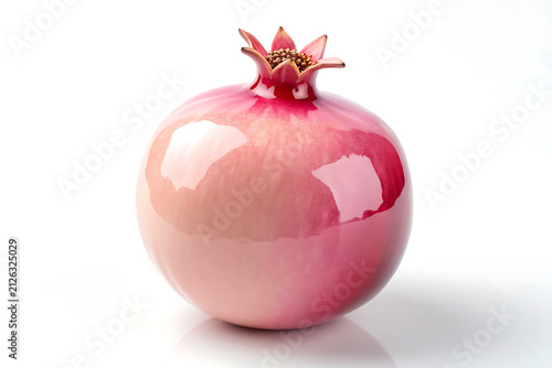 Fresh red pomegranate fruit on a white background, glossy skin with subtle pink and red marbling.