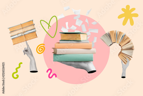 Collage de manos sosteniendo libros junto a elementos geometricos, un circulo grande rosa y un fondo beige. Vista de frente y de cerca. Copy space
