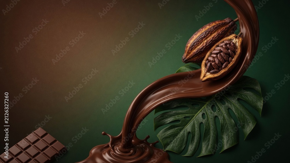 Naklejka premium Flowing liquid chocolate connecting cocoa pods with beans and tropical leaves to a chocolate bar on a dark background