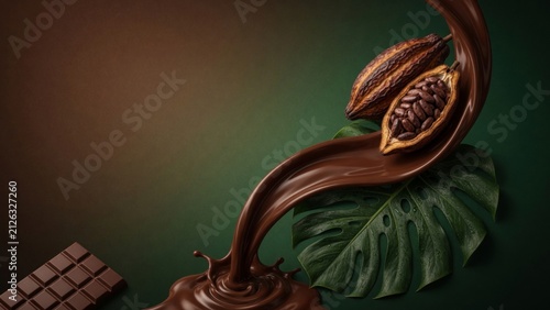 Flowing liquid chocolate connecting cocoa pods with beans and tropical leaves to a chocolate bar on a dark background