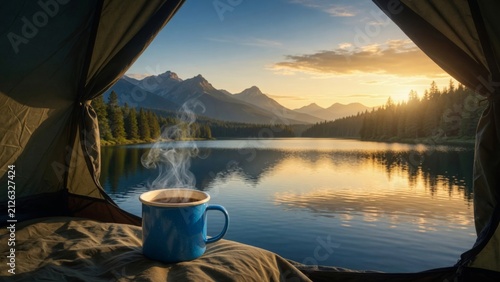 Camping tent view of a steaming coffee mug during sunrise over mountains and a serene lake