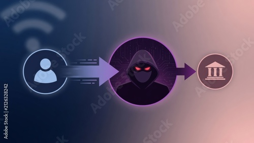 Cyberattack representing man in the middle data theft, hacker intercepting network communication between user and bank