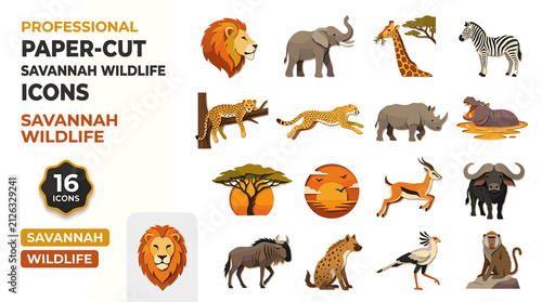 Professional Paper-Cut Savannah Wildlife Icons Set Pixel Art Style